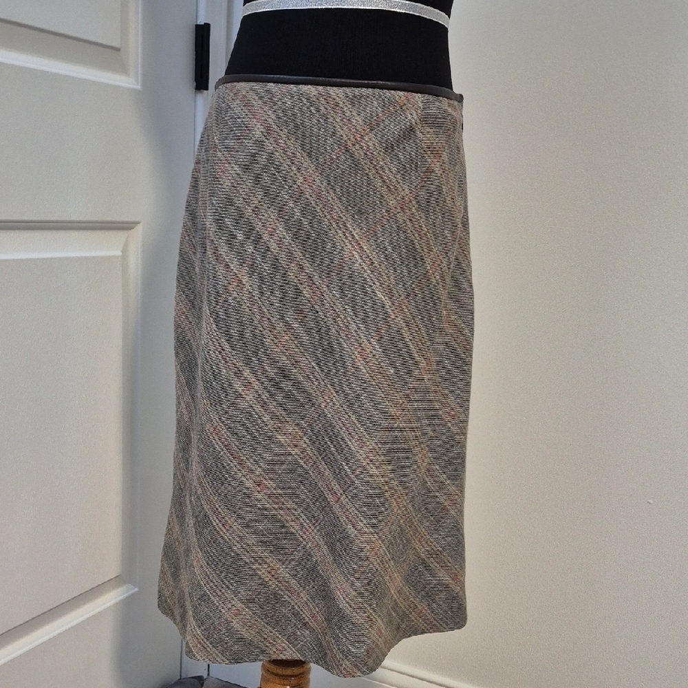 Brown and Red Plaid Midi A-Line Skirt with Leather Trim